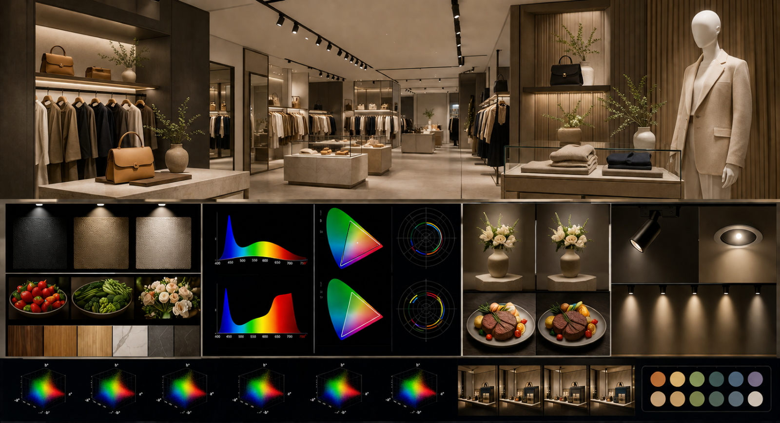 High CRI commercial lighting in a luxury retail store showing accurate colour rendering of merchandise