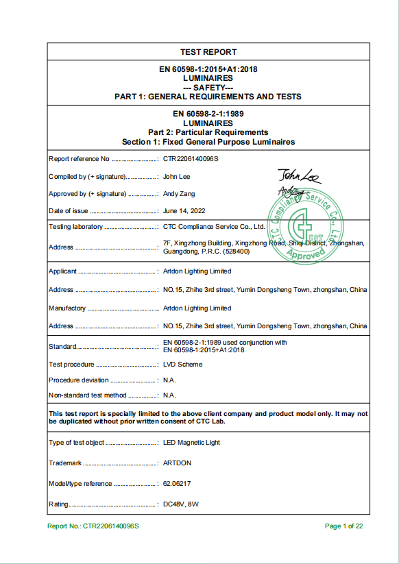 Artdon CE LVD test report for LED magnetic lighting products.