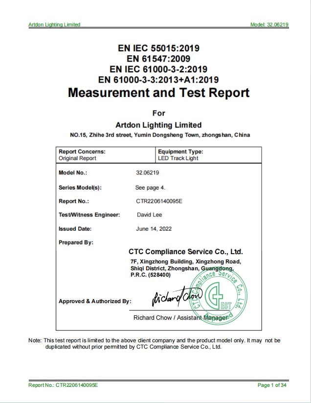 Artdon CE EMC test report for architectural track lighting products.