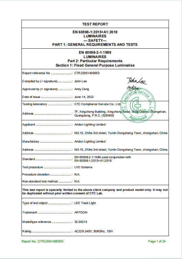 Artdon CE LVD test report for architectural track lighting products.