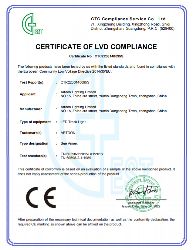 Artdon CE LVD compliance certificate for architectural track lighting products.